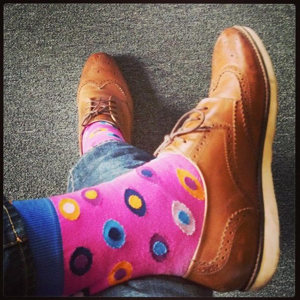 Polka dot pink mens socks with brown brogues