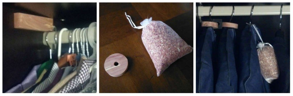 Cedar shavings and blocks in closet near suits 