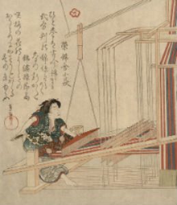 An early Nineteenth century loom. Painting of Japanese weaver at ancient loom