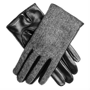 Men's Winter Gloves In Black Leather and Herringbone Wool