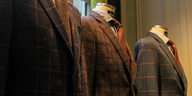 Three fine windopane suits in Scabal showroom