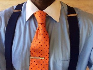 Gerald wearing suspenders and tie thrifted from vintage clothing shop.