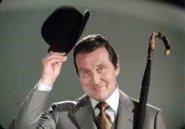 John Steed with bowler hat and umbrella man with vintage umbrella