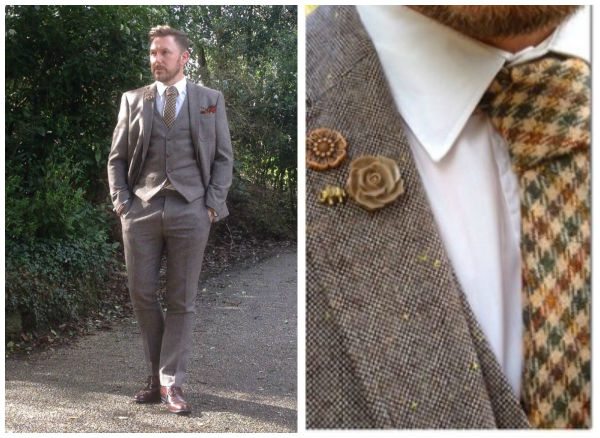Street style tweed three piece brown suit