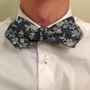 Man wearing floral homemade bow tie