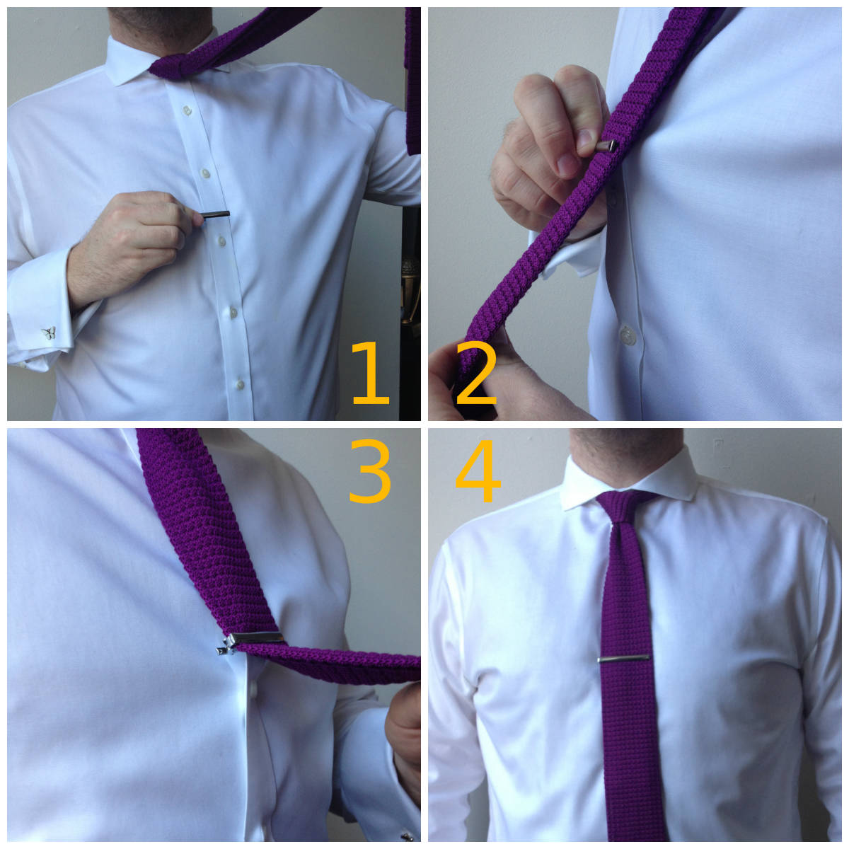 Man attaching tie bar to shirt and tie