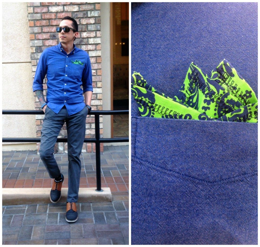 Unique pocket square fold in denim shirt