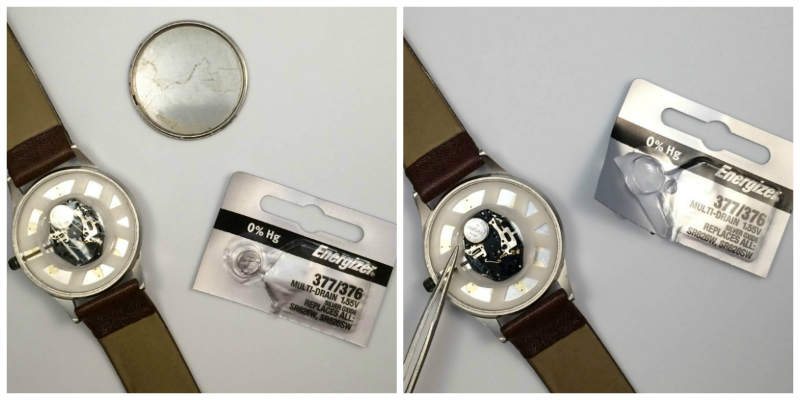 Removing a watch battery with tweezers 