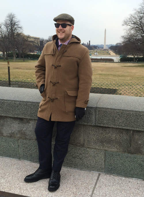 Mens camel duffel coat street style