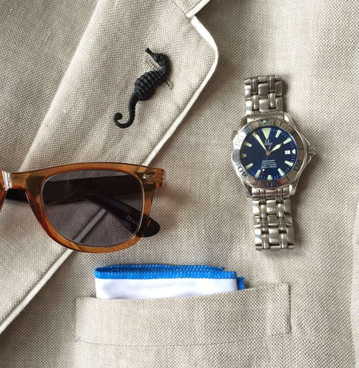 Seahorse Lapel Pin on Linen Jacket