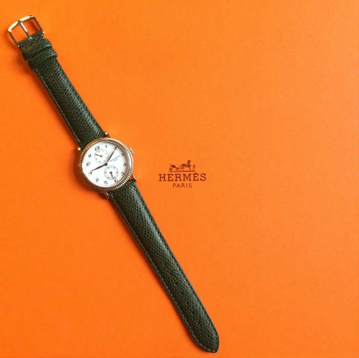 Full Hermes Green Leather Strap On Mens Watch