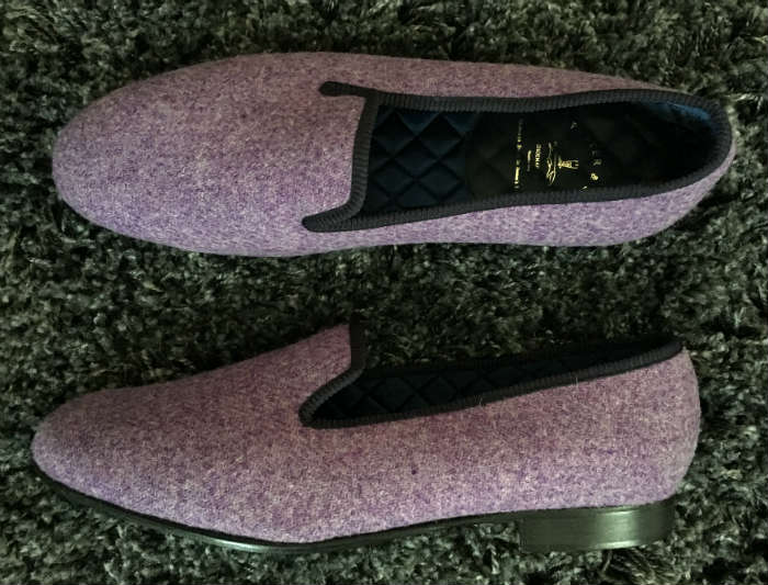 Top and side view of Harris Tweed slippers