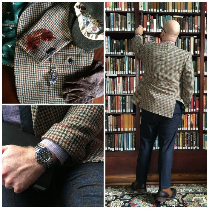 Faux belt on back of tweed shooting jacket