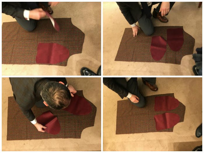 Laying out the slippers patterns on fabric