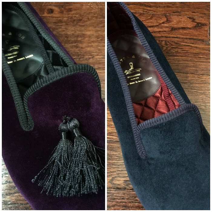 Two Pairs Of Velvet Tusedo Slippers Blue and Purple