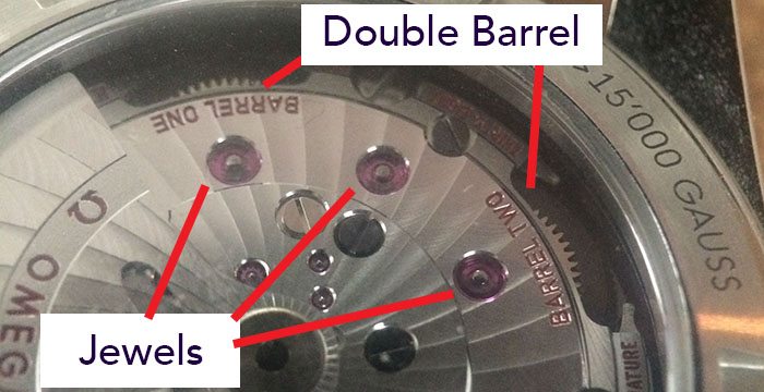 double barrel watch and jewels on movement