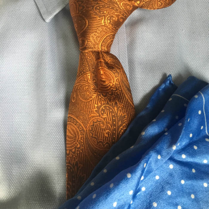Orange Tie With Blue Pocket Square