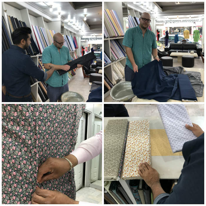 Paul Anthony selecting both suit and shirt fabric