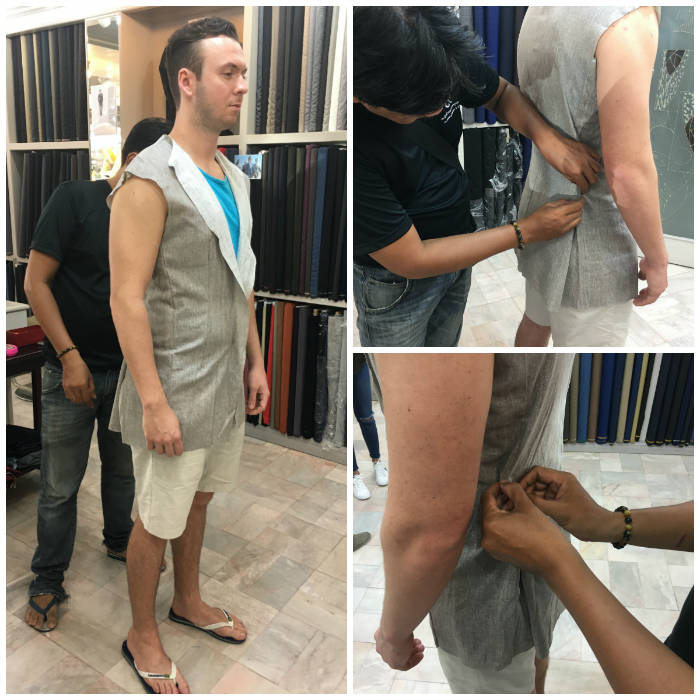 Trevor Guilday first fitting for travel sports coat