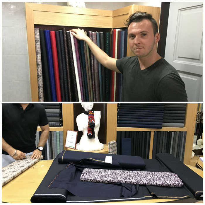 Trevor Guilday looking at fabric options