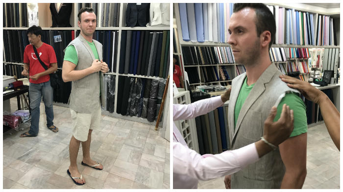 Trevor Guilday second fitting for linen jacket