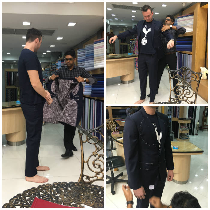 Trying on custom suit jacket for the first time