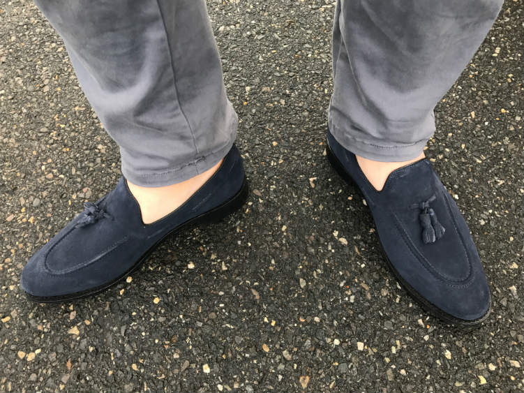 Grey Trousers With Navy Suede Tassel Loafers