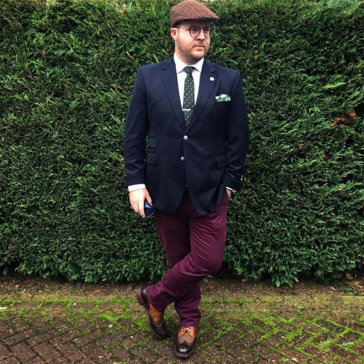 Man in Purple Pants and Blue Blazer