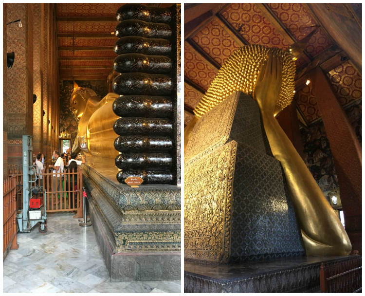 Massive reclining Buddha feet and arm supporting head