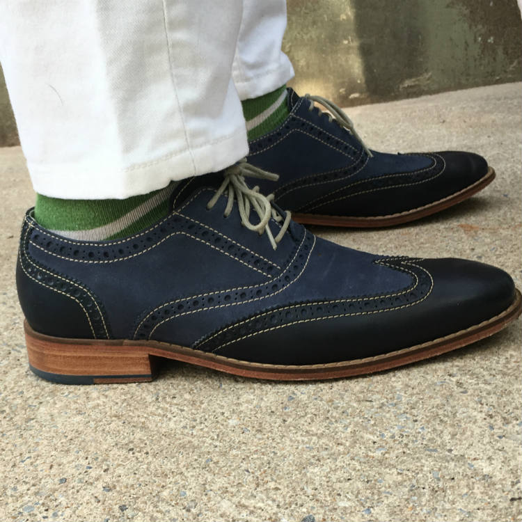 Navy Wingtips With Green Spcks And White Jeans