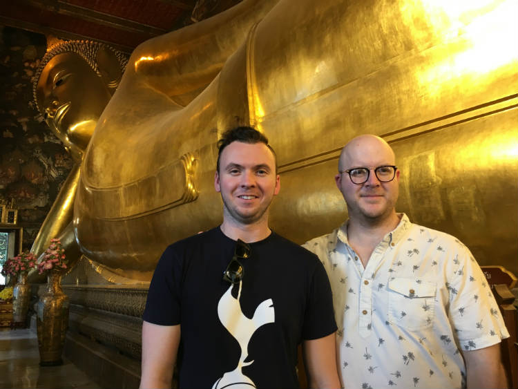 Paul Antghony and Trevor Guilday beside Reclining Buddha