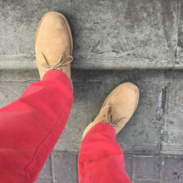 Red Trousers With Tan Suede Boots