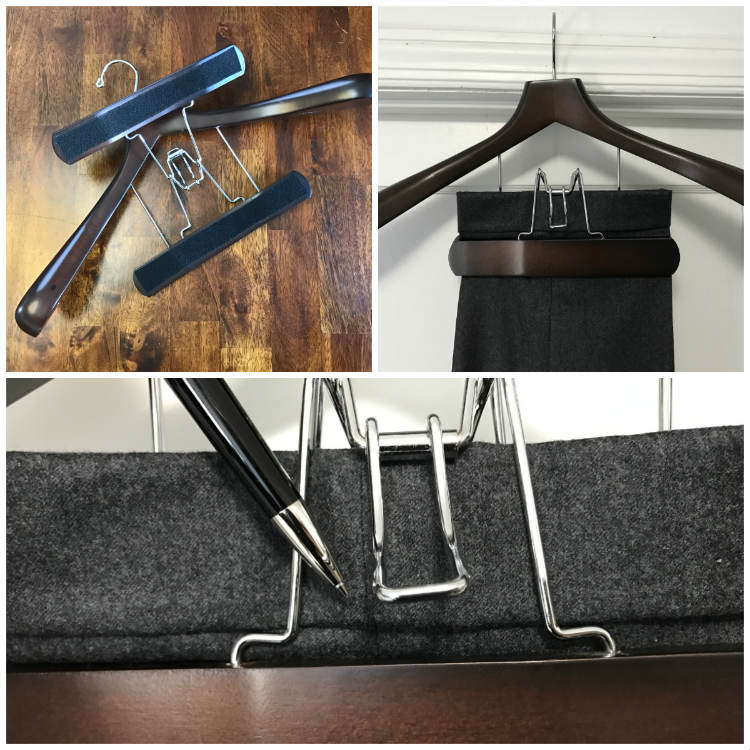 Trousers clamped in suit hanger with turnup