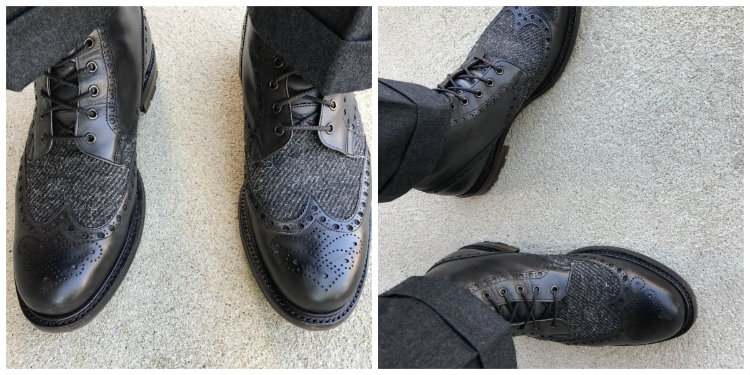 Two Pictures Of Black Boots With Grey Pants