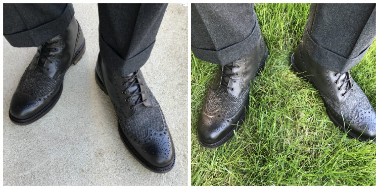 Two Pictures Of Grey Trousers With Black Boots