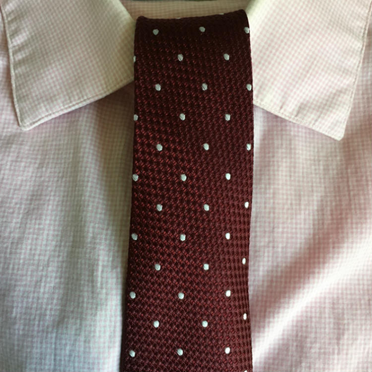 Burgundy Dot Tie On Pink Shirt