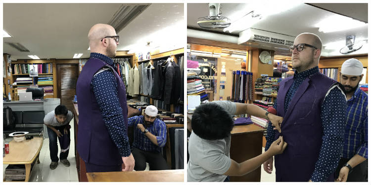 First fitting on purple suit jacket