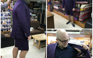 Paul Anthony in purple linen short suit