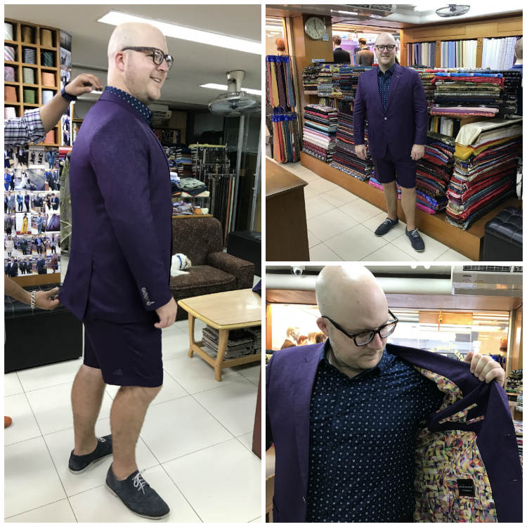 Paul Anthony in purple linen short suit