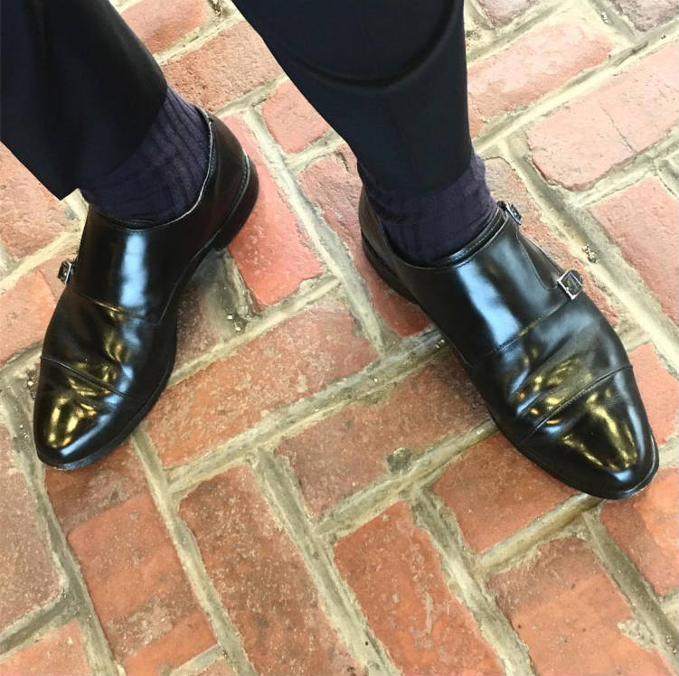 Black Double Monks With Purple Socks