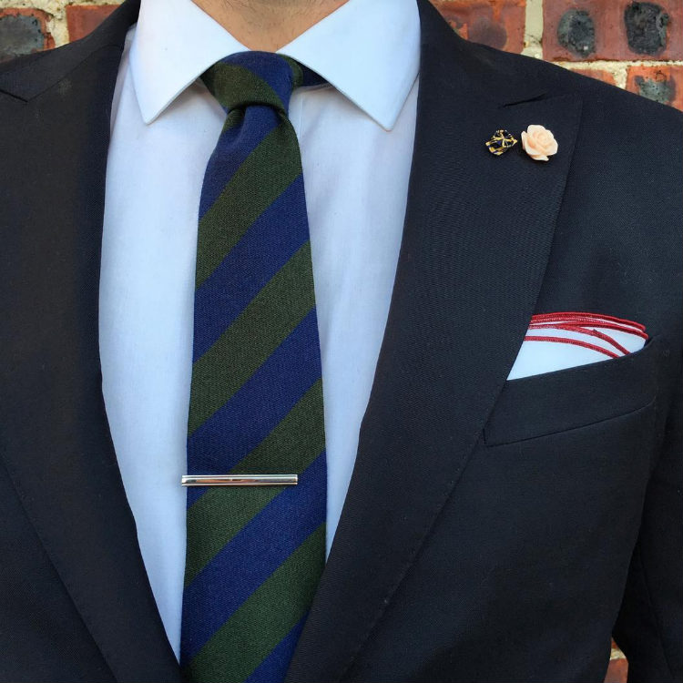 Blue And Green Striped Tie WIth Navy Suit