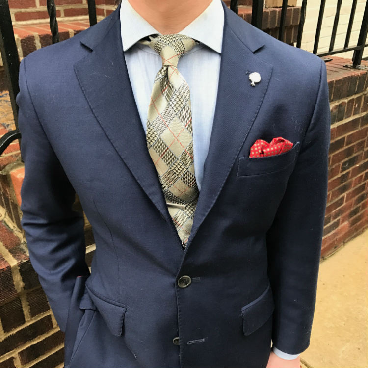 Blue Jacket With Red Pocket Square