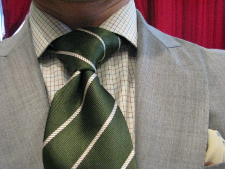 Green Striped Tie And light Grey Jacket
