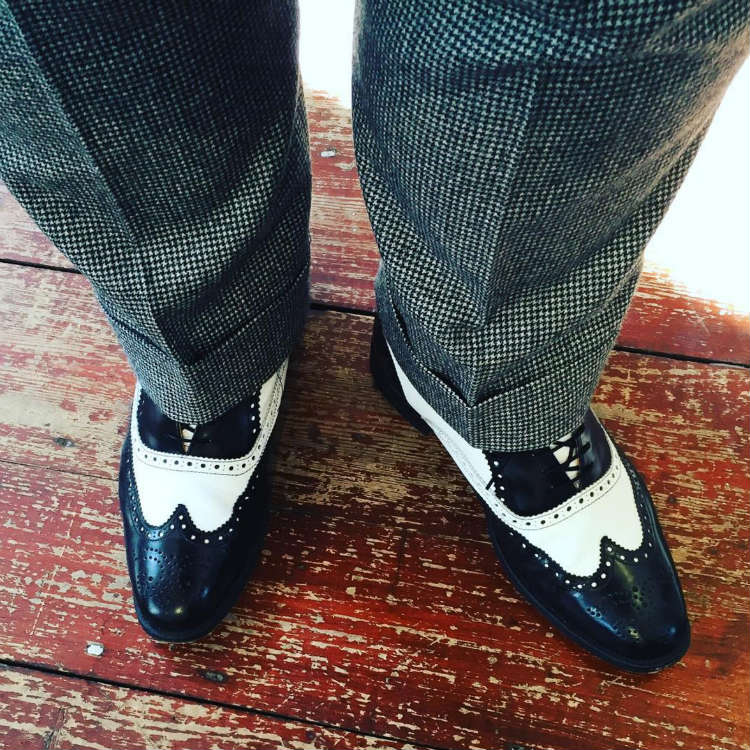 Grey Puppytooth Pants With Black Spectator Shoes