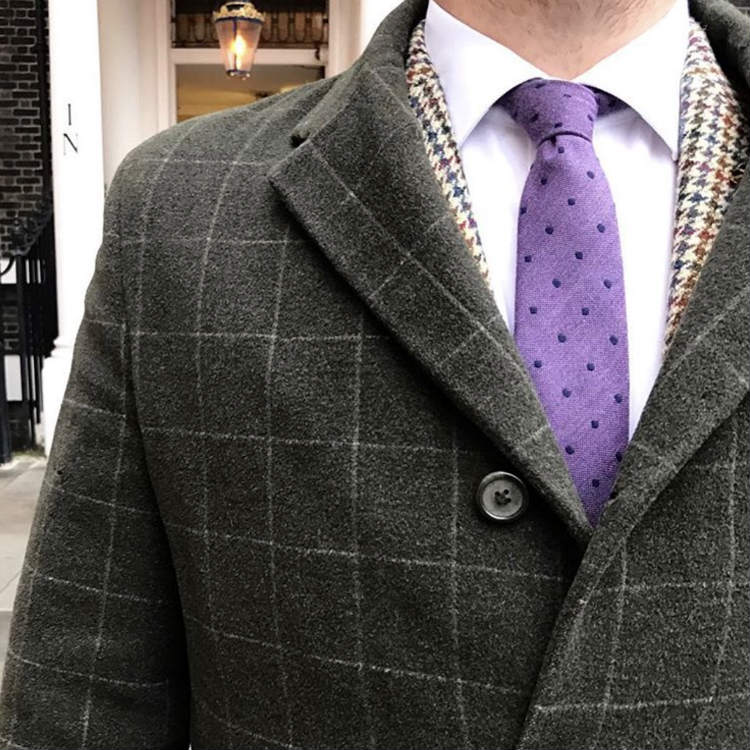 Grey Windowpane Coat With Purple Dot Tie