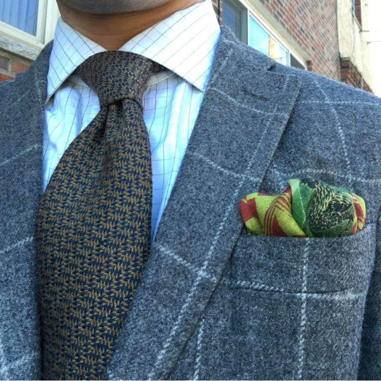 Grey Windowpane Jacket With Brown Tie