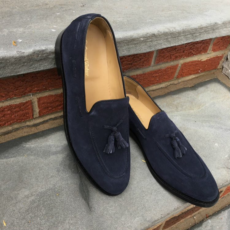 Navy Suede Tassel Loafers On Steps