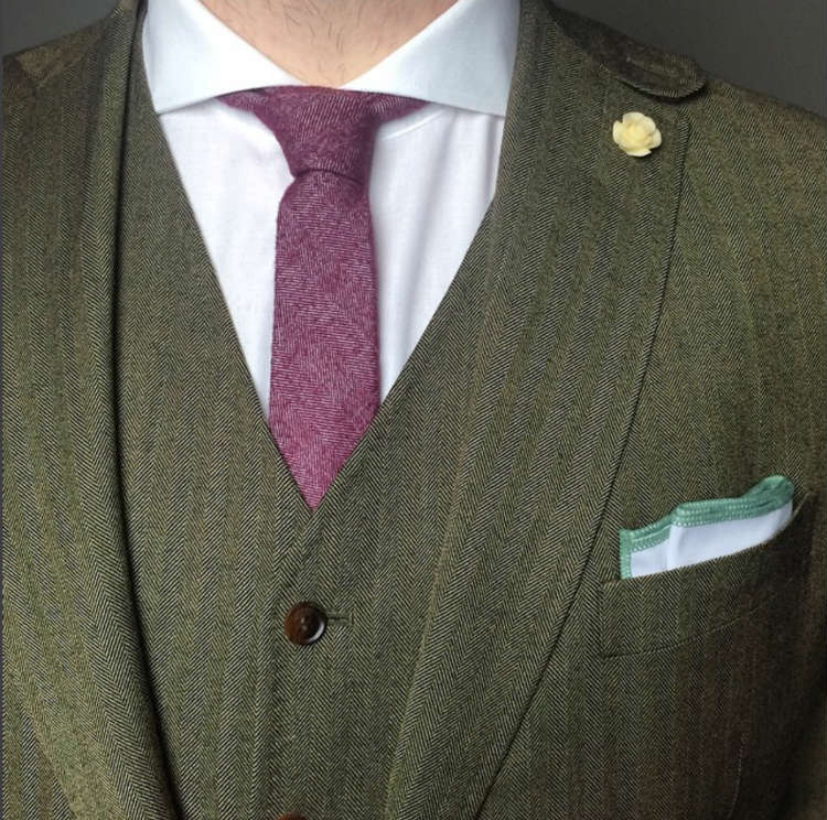 Olive Suit Jacket With Vest And Purple Tie