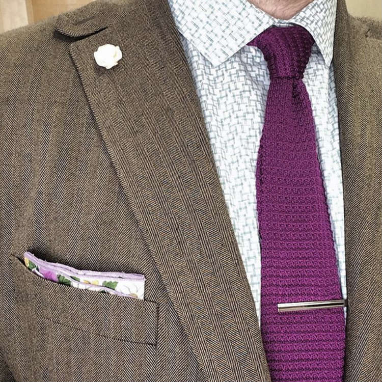 Purple Knit Tie With Brown Jacket