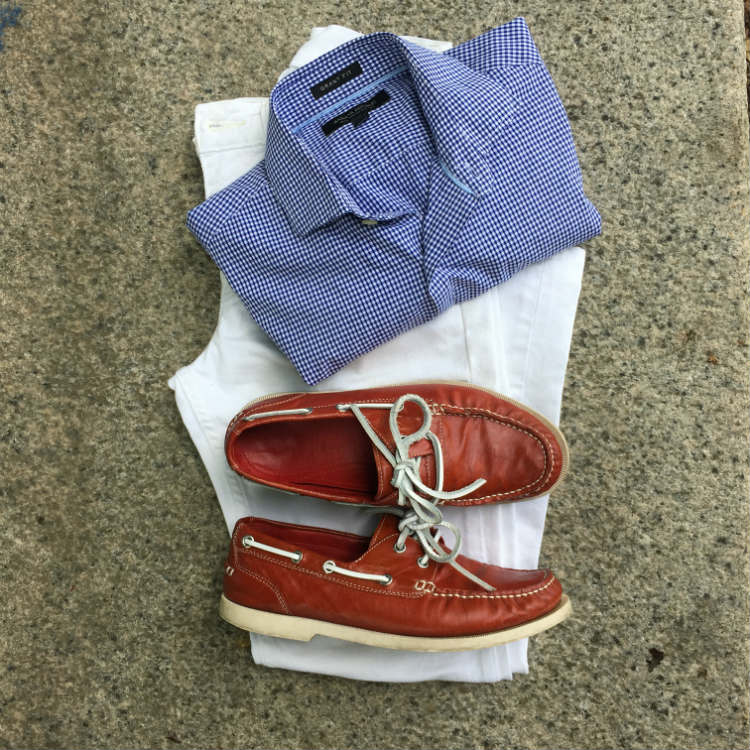 Red Shoes White Jeans Blue Shirt